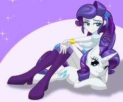 Size: 3000x2500 | Tagged: safe, artist:geraritydevillefort, character:rarity, species:eqg human, species:pony, species:unicorn, g4, my little pony:equestria girls, breasts, duo, female, looking at you, lying down, mare, ponidox, self ponidox, simple background