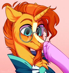 Size: 2051x2160 | Tagged: safe, artist:tohanahui, artist:vensual99, character:sunburst, species:pony, species:unicorn, g4, blushing, boop, bust, cape, chest fluff, clothing, collaboration, glasses, scrunchy face