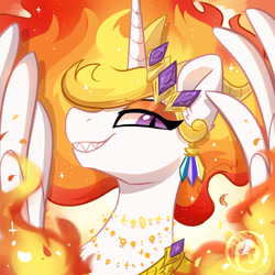 Size: 1000x1000 | Tagged: safe, artist:oofycolorful, character:daybreaker, character:princess celestia, species:alicorn, species:pony, g4, bust, evil grin, fire, looking at you, solo, tiara