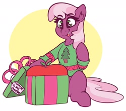 Size: 2225x1969 | Tagged: safe, artist:graphene, character:cheerilee, species:earth pony, species:pony, g4, apple, christmas, christmas sweater, gift box, gift wrapped, simple background, solo