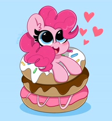 Size: 3781x4096 | Tagged: safe, artist:kittyrosie, character:pinkie pie, species:earth pony, species:pony, g4, diapinkes, donut, heart, looking up, open mouth, simple background, smiling, solo