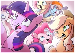 Size: 1457x1032 | Tagged: safe, artist:mochi_nation, character:applejack, character:fluttershy, character:pinkie pie, character:rainbow dash, character:rarity, character:twilight sparkle, species:pony, g4, mane six, silly, silly face, silly pony, simple background