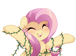 Size: 1353x1000 | Tagged: safe, artist:loyaldis, character:fluttershy, species:pegasus, species:pony, g4, bust, chest fluff, christmas lights, cute, eyes closed, solo