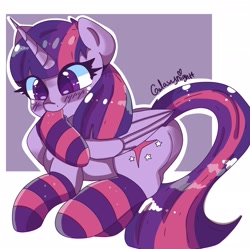 Size: 1920x1909 | Tagged: safe, artist:galaxynightt, character:twilight sparkle, character:twilight sparkle (alicorn), species:alicorn, species:pony, g4, cute, lying down, mouth hold, raised hoof, simple background, socks, solo