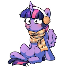 Size: 1080x1208 | Tagged: safe, artist:pucksterv, character:twilight sparkle, character:twilight sparkle (alicorn), species:alicorn, species:pony, g4, clothing, earmuffs, scarf, scrunchy face, solo, white background
