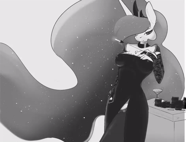 Size: 600x459 | Tagged: safe, artist:therealf1rebird, character:princess luna, species:anthro, g4, animated, black and white, black dress, cigarette, cigarette holder, gif, noir, solo, stockings