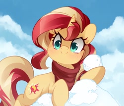 Size: 1168x1000 | Tagged: safe, artist:baconmane71, character:sunset shimmer, species:pony, species:unicorn, g4, >:), clothing, scarf, snow, snowball, solo