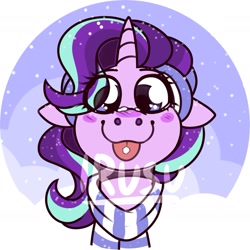 Size: 1543x1543 | Tagged: safe, artist:lrusu, character:starlight glimmer, species:pony, species:unicorn, g4, blep, bust, clothing, scarf, snow, solo, tongue out
