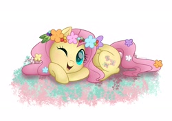 Size: 3000x2128 | Tagged: safe, artist:neondromeda, character:fluttershy, species:pegasus, species:pony, g4, flower, lying down, open mouth, smiling, solo, white background