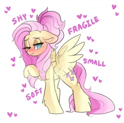Size: 1331x1315 | Tagged: safe, artist:h0rsefeathers, character:fluttershy, species:pegasus, species:pony, g4, blushing, embarrassed, hair bun, simple background, solo, spread wings, text, wings