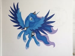 Size: 1920x1440 | Tagged: safe, artist:serenepony, character:princess luna, species:alicorn, species:pony, g4, flying, looking back, mare in the moon, moon, painting, photo, solo, spread wings, wall painting, wings