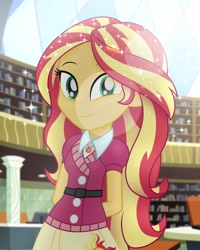 Size: 1638x2048 | Tagged: safe, artist:aryatheeditor, character:sunset shimmer, species:eqg human, g4, clothing, library, looking at you, solo, sparkles, sunlight, sweater