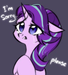 Size: 1495x1656 | Tagged: safe, artist:hydrargyrum, character:starlight glimmer, species:pony, species:unicorn, g4, apology, bust, crying, simple background, solo, text