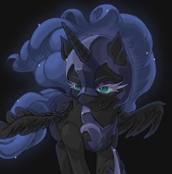 Size: 1181x1191 | Tagged: safe, artist:porcelaineyepie, character:nightmare moon, character:princess luna, species:alicorn, species:pony, g4, black background, helmet, solo, spread wings, wings