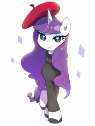 Size: 2400x3200 | Tagged: safe, artist:nendo, character:rarity, species:pony, species:unicorn, g4, beatnik rarity, beret, french rarity, looking at you, solo, sparkles, turtleneck, white background
