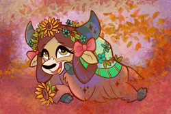 Size: 2048x1364 | Tagged: safe, artist:impossumable, character:yona, species:yak, g4, floral head wreath, lying down, open mouth, smiling, solo, sunflower
