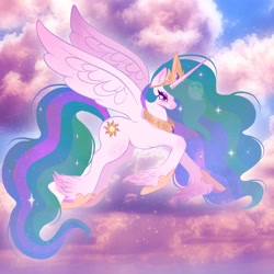 Size: 2048x2048 | Tagged: safe, artist:cozygh0st, character:princess celestia, species:alicorn, species:pony, g4, cloud, flying, solo, sparkles, spread wings, wings