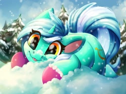 Size: 1920x1440 | Tagged: safe, artist:faline-art, character:lyra heartstrings, species:pony, species:unicorn, g4, blep, gloves, hoof gloves, lying down, snow, snowfall, solo, tongue out
