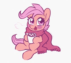 Size: 1632x1452 | Tagged: safe, artist:dawnfire, character:scootaloo, species:pegasus, species:pony, g4, chibi, clothing, cute, hot chocolate, marshmallow, scarf, sitting, solo, tongue out