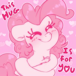 Size: 2000x2000 | Tagged: safe, artist:fluffyxai, character:pinkie pie, species:earth pony, species:pony, g4, bust, eyes closed, hug, simple background, smiling, solo, text