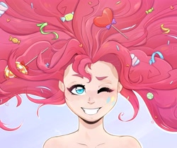 Size: 4000x3354 | Tagged: safe, artist:kaihiwolf, character:pinkie pie, species:human, g4, bust, smiling, solo, wink