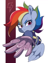 Size: 1300x1698 | Tagged: safe, artist:potetecyu_to, character:rainbow dash, species:pegasus, species:pony, g4, alternate timeline, apocalypse dash, bust, crystal war timeline, metal wing, simple background, solo, torn ear