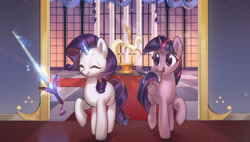 Size: 3289x1874 | Tagged: safe, artist:mirroredsea, character:rarity, character:twilight sparkle, species:alicorn, species:pony, species:unicorn, g4, duo, eyes closed, glowing horn, magic, smiling, statue, sword, telekinesis