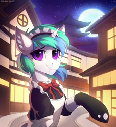 Size: 2103x2320 | Tagged: safe, artist:strafe blitz, character:princess celestia, oc, oc only, species:alicorn, species:pony, species:unicorn, g4, clothing, ear fluff, full moon, looking at you, maid, moon, night, pagoda, raised hoof, short hair, smiling, smiling at you, solo, town