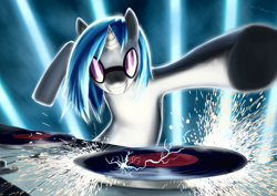 Size: 4093x2894 | Tagged: safe, artist:rautakoura, character:dj pon-3, character:vinyl scratch, female, record, smiling, solo, sparks