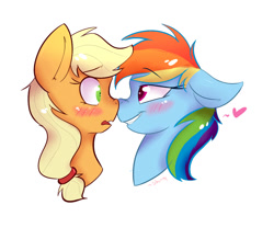 Size: 1200x1000 | Tagged: dead source, safe, artist:shiny-cooler, character:applejack, character:rainbow dash, ship:appledash, bedroom eyes, blushing, boop, cute, eye contact, female, floppy ears, frown, grin, heart, lesbian, nose wrinkle, noseboop, nuzzling, open mouth, shipping, smiling, wavy mouth, wide eyes
