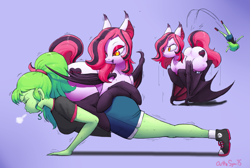 Size: 1821x1227 | Tagged: safe, artist:outta sync, oc, oc only, oc:arrhythmia, oc:femanon, species:bat pony, species:human, species:pony, ass, chubby, clothing, converse, cute, exercise, eyes closed, fat, jiggle, plot, ponytail, push-ups, shirt, shoes, shorts, socks, sweat, wing-ups