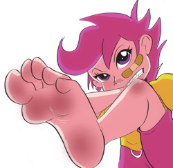 Size: 800x781 | Tagged: safe, artist:zuneycat, character:scootaloo, species:human, bandage, barefoot, feet, foot fetish, foot focus, humanized, soles, toes