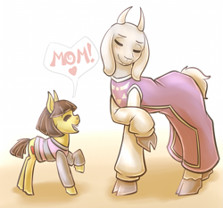 Size: 857x800 | Tagged: safe, artist:countaile, species:goat, blushing, clothing, cloven hooves, cute, eyes closed, frisk, heart, open mouth, ponified, raised hoof, smiling, toriel, undertale