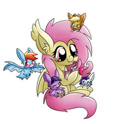 Size: 1024x1088 | Tagged: safe, artist:amberlea-draws, character:applejack, character:flutterbat, character:fluttershy, character:pinkie pie, character:rainbow dash, character:rarity, character:twilight sparkle, species:bat pony, species:pony, cute, dashabetes, diapinkes, female, fluttermom, jackabetes, mare, micro, raribetes, shyabates, shyabetes, simple background, tiny ponies, transparent background, twiabetes, watermark, weapons-grade cute
