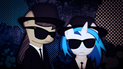 Size: 1920x1080 | Tagged: safe, artist:gen-jack-oneill, artist:justaninnocentpony, character:dj pon-3, character:octavia melody, character:vinyl scratch, background pony, blues brothers, clothing, crossover, duo, hat, sunglasses, wallpaper