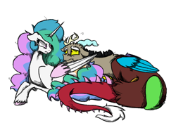 Size: 1000x700 | Tagged: safe, artist:silvy-fret, character:discord, character:princess celestia, ship:dislestia, :t, angry, couple, cuddling, eye contact, female, floppy ears, frown, glare, male, messy mane, missing accessory, mood swing, preglestia, pregnant, prone, sad, shipping, snuggling, straight, unshorn fetlocks