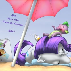 Size: 1000x1000 | Tagged: safe, artist:rayhiros, character:applejack, character:rarity, character:spike, ship:sparity, beach, blood, female, implied, male, nosebleed, shipping, straight, sunscreen, umbrella