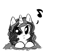 Size: 800x600 | Tagged: safe, artist:ruby-sunrise, oc, oc only, oc:twilight panda, species:pony, species:unicorn, black and white, cute, eyes, grayscale, looking at you, monochrome, mspaintponies, mspaintponies fanart, music notes, ocbetes, smiling, solo, tumblr