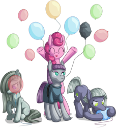 Size: 3503x3842 | Tagged: safe, artist:itresad, character:limestone pie, character:marble pie, character:maud pie, character:pinkie pie, episode:hearthbreakers, g4, my little pony: friendship is magic, balloon, biting, eyes closed, group, hair over one eye, open mouth, pie sisters, request, requested art, siblings, simple background, sisters, transparent background