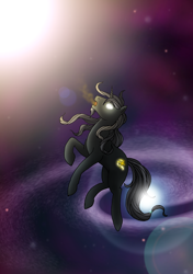 Size: 2460x3485 | Tagged: safe, artist:westphalianartist, character:star swirl the bearded, floating, flowing mane, galaxy, glowing cutie mark, glowing eyes, lighting, mist, space, stars, story in the source, universe, younger