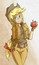 Size: 607x1000 | Tagged: safe, artist:countaile, character:applejack, bandaid, humanized
