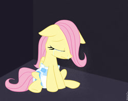 Size: 933x737 | Tagged: safe, artist:redfoxjake, character:fluttershy, crying, diaper, eyes closed, filly, poofy diaper, younger