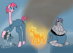 Size: 1564x1131 | Tagged: safe, artist:monterrang, character:limestone pie, character:marble pie, character:maud pie, character:pinkie pie, species:earth pony, species:pony, angry, crossover, fantastic four, fat, female, human torch, invisible woman, mare, maud pudge, mr. fantastic, parody, pie sisters, the thing (marvel), tumblr:ask fat maud pie
