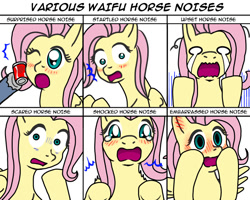 Size: 750x600 | Tagged: safe, artist:adenyne, character:fluttershy, species:pegasus, species:pony, blushing, crying, descriptive noise, ear blush, embarrassed, expressions, horse noises, meme, no catchlights, open mouth, scared, shocked, shrunken pupils, spread wings, startled, surprised, teary eyes, upset, waifu, wings