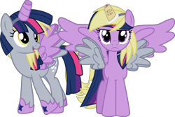 Size: 15005x10000 | Tagged: safe, artist:geometrymathalgebra, character:derpy hooves, character:twilight sparkle, character:twilight sparkle (alicorn), species:alicorn, species:pony, episode:scare master, g4, my little pony: friendship is magic, absurd resolution, alicorn costume, clothing, cosplay, costume, costume swap, cute, derpabetes, derpy books, fake horn, fake wings, female, four winged, mare, nightmare night costume, not a horn, simple background, toilet paper roll, toilet paper roll horn, transparent background, twiabetes, twilight is not amused, twilight muffins, unamused, vector, wig
