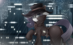 Size: 2520x1575 | Tagged: safe, artist:malifikyse, character:rarity, episode:rarity investigates, g4, my little pony: friendship is magic, city, cityscape, clothing, detective, detective rarity, female, hat, lens flare, noir, rain, raised hoof, solo, stars, trenchcoat