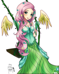 Size: 639x799 | Tagged: safe, artist:songoftheshoebox, character:fluttershy, species:human, breasts, busty fluttershy, clothing, dress, female, gala dress, gloves, humanized, skinny, solo, swing, winged humanization