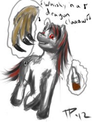 Size: 768x1024 | Tagged: safe, artist:juleppony, oc, oc only, oc:blackjack, species:pony, species:unicorn, fallout equestria, fallout equestria: project horizons, alcohol, dragon claw, food, horn, simple background, small horn, solo, whiskey, white background