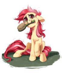Size: 2476x3013 | Tagged: safe, artist:lis-alis, character:roseluck, species:earth pony, species:pony, brush, comb, cute, female, floppy ears, fluffy, mare, messy mane, messy tail, mouth hold, sitting, solo, unshorn fetlocks, weapons-grade cute