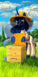 Size: 596x1200 | Tagged: safe, artist:lis-alis, character:princess luna, species:alicorn, species:pony, bee, bee box, beehive, beekeeper, clothing, curved horn, female, hat, honeycomb (structure), looking at something, mare, solo, straw hat